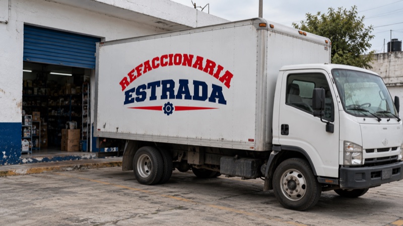 Ilustración de un camión con la identidad gráfica de Refaccionaria Estrada frente a un local de autopartes.